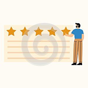 Man leaving positive feedback giving five stars. Clients testimonials concept. Flat vector illustration