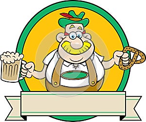 Man in lederhosen holding a beer and a pretzel inside of a graphic circle with a banner. photo