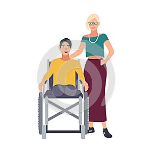 Man without legs sitting in wheelchair and his girlfriend or wife standing beside. Happy male cartoon character with