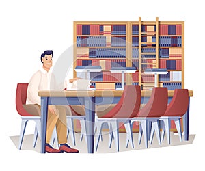 Man at library scene. Young guy sitting at table with books under lamp studying, working or reading vector illustration