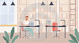 Man in library. Young man in public library interior with bookshelves, desks and laptop, bibliophile reads books flat vector