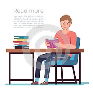 Man in library. Young man reading book in public library interior with bookshelves, desks and chairs, flat bibliophile photo