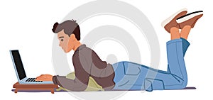 Man Lies On His Belly, Working On A Laptop With Proper Body Posture, Maintaining A Healthy And Ergonomic Position