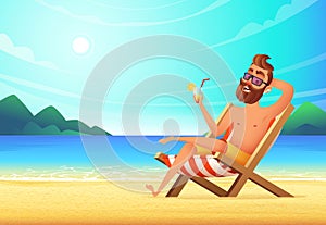 A man lies on a lounger on a sandy beach, drinks a cocktail and relaxes. Vacation at sea, illustration