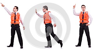 The man in life-jacket isolated on white