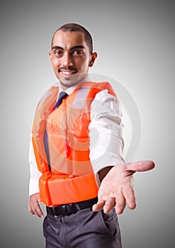 Man in life jacket isolated on white