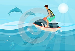Man in life jacket on water bike jumping over waves of sea. Seascape with dolphins and sportsman