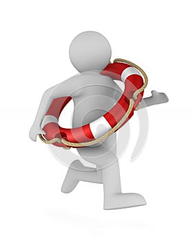 Man with life ring on white background. Isolated 3d illustration