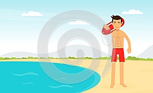 Man Lifeguard or Rescuer Supervising Safety and Rescuing Swimmers and Surfers Vector Illustration