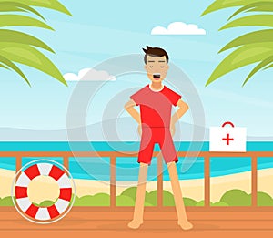 Man Lifeguard or Rescuer Supervising Safety and Rescuing Swimmers and Surfers Vector Illustration