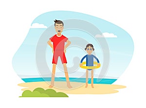 Man Lifeguard or Rescuer Supervising Safety and Rescuing Swimmers and Surfers Vector Illustration