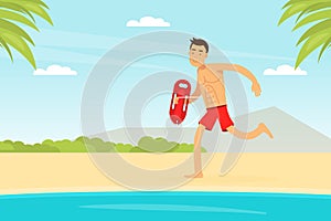 Man Lifeguard or Rescuer Supervising Safety and Rescuing Swimmers and Surfers Vector Illustration