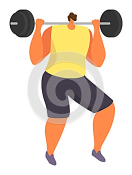 Man lifting heavy barbell, strength training exercise, cartoon style fitness. Strong male