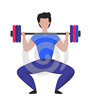 Man lifting heavy weight barbell. Cartoon male doing exercises with sport equipment. Gym advertising template, workout