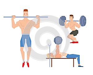 Man lifting heavy weight barbell sport gym people vector.