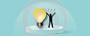 Man with light bulb with flash on pastel blue background as metaphor for Concept innovation thinking creative.