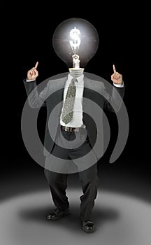 Man with light bulb head with money symbol representing new money making bright idea