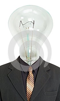 Man with light bulb instead of head on white