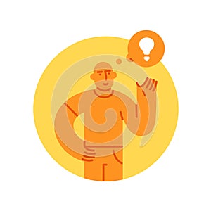 Man with light bulb icon, concept of creative idea, yellow color simple flat illustration