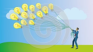 Man with lightbulbs, looking like balloons. Vector illustration.