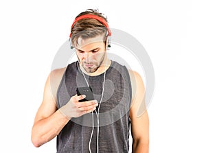 Man listen to music in headphones. unshaven man listening music in headset. sexy muscular man listen sport music. man in