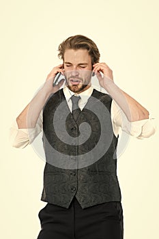 Man listen to music in headset from mp3 player