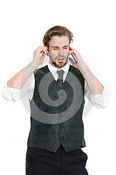 Man listen to music in headset from mp3 player