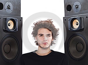 Man listening music lover speakers