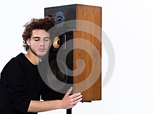 Man listening music lover speakers