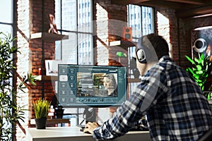 Man listening music uses AI GPT application turning text prompt into photos photo