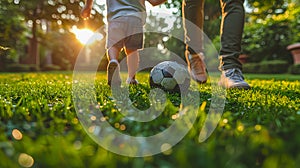 Man with little boy playing football, father and son, family vacation.