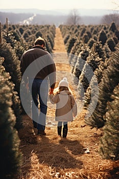 A man and a little girl walking through a christmas tree farm, AI
