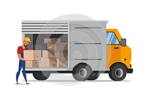 Man loading boxes in van flat illustration