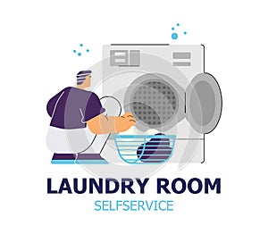 Man loading or taking clothes from washing machine in laundry room, flat vector illustration isolated on white.