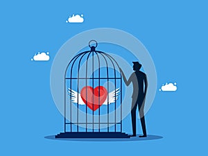 man locks his heart in a cage. Refusing to reveal his heart. Lack of freedom of thinking.