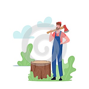 Man Logger Cutting Trees. Lumberjack Character with Axe on Shoulder in Forest. Wood Industry Worker, Deforestation photo