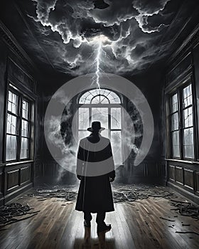 Man in long coat and hat in spooky mansion with magical lighting