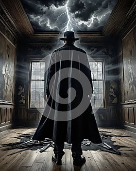 Man in long coat and hat in spooky mansion with magical lighting