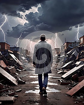 Man in long coat walking through wasteland during electrical storm