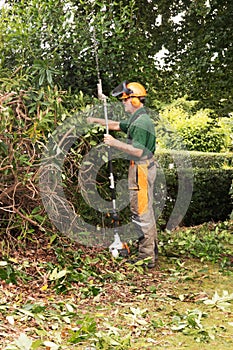 Man with long handled hedgecutter