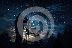 Man looking through a astronomy telescope at the stars at night sky,