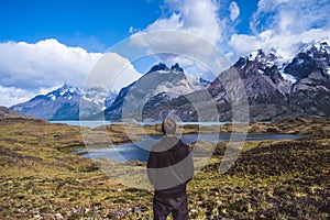 Man looking at beautiful mountains