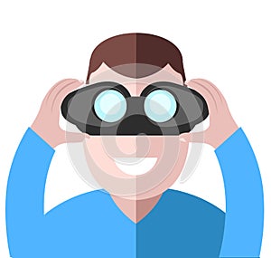 Man looking through binoculars. Search binoculars vector illustration. Binoculars in the hands of man. Detective watching.