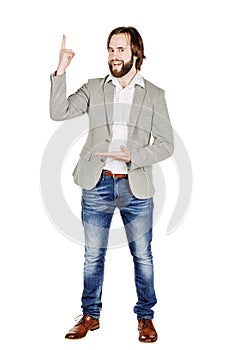 man looking at camera and pointing finger up. image isolated over white background. people, male, business and portrait concept