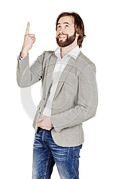man looking at camera and pointing finger up. image isolated over white background. people, male, business and portrait concept