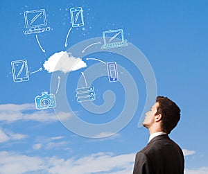 man looking at cloud computing concept on blue sky