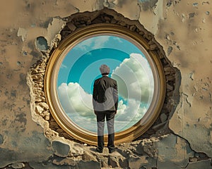 Man looking at the cloudy sky through a circular window of ruined wall.