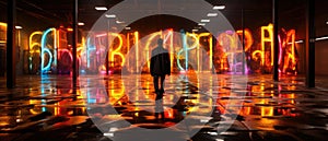 Man looking at the colorful graffiti on the wall in the dark room