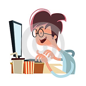 Man looking at computer illustration cartoon character