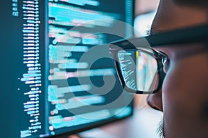 Man is looking at a computer screen with a lot of code on it